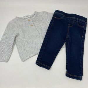 Toddler 2pc Grey Sparkle Knit Cardigan Dark Blue Denim Jeggings Size 12-18m